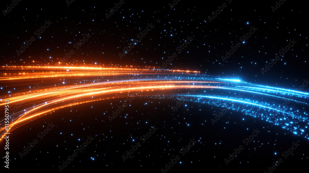 Obraz premium A digital highway of light trails representing fast data transfer, symbolizing the speed and connectivity of technology in an abstract composition