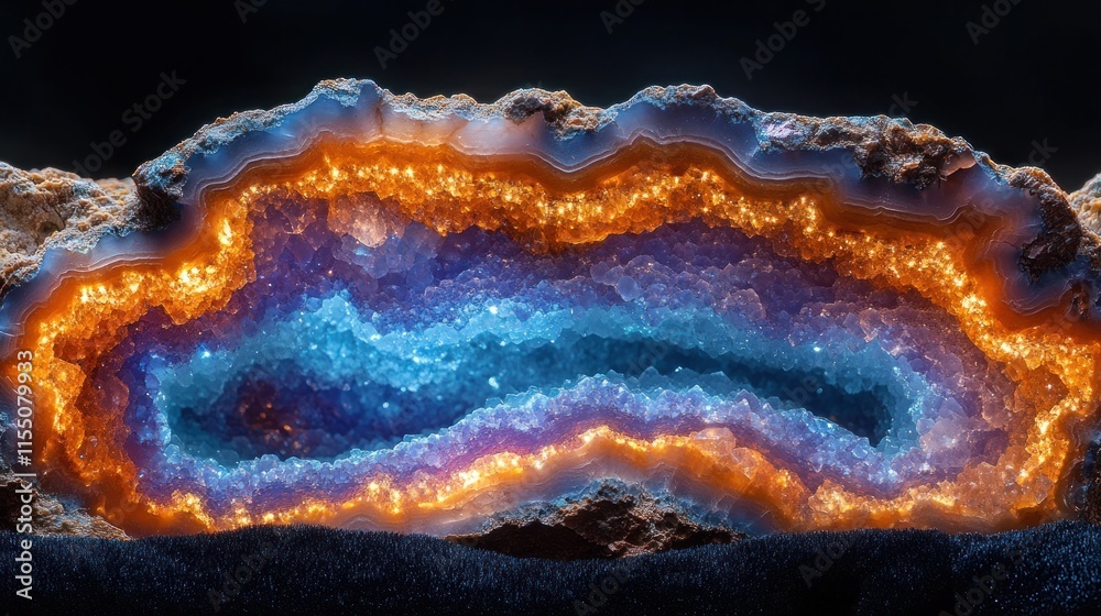 Close-up view of a vibrant agate slice with contrasting colors and inner structure, showcasing a captivating interplay of orange and blue hues. Close-up view of a vibrant agate slice with contrasting colors and inner structure, showcasing a captivating interplay of orange and blue hues.