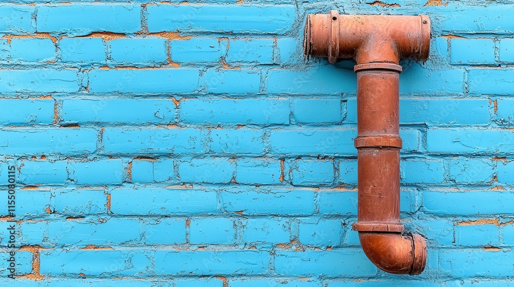 Weathered Copper Pipe on Blue Brick Wall in Aged Industrial Setting Weathered Copper Pipe on Blue Brick Wall in Aged Industrial Setting