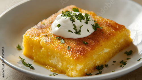 Hearty Montenegrin Cornmeal Dish with Cream and Herbs Served Warm