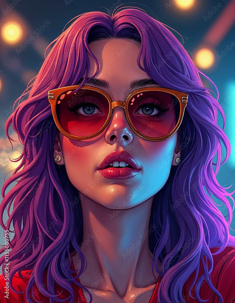 A woman with purple hair and sunglasses is the main focus of the image. The sunglasses are yellow and the woman's hair is long and purple. Scene is playful and fun, as the woman is wearing sunglasses