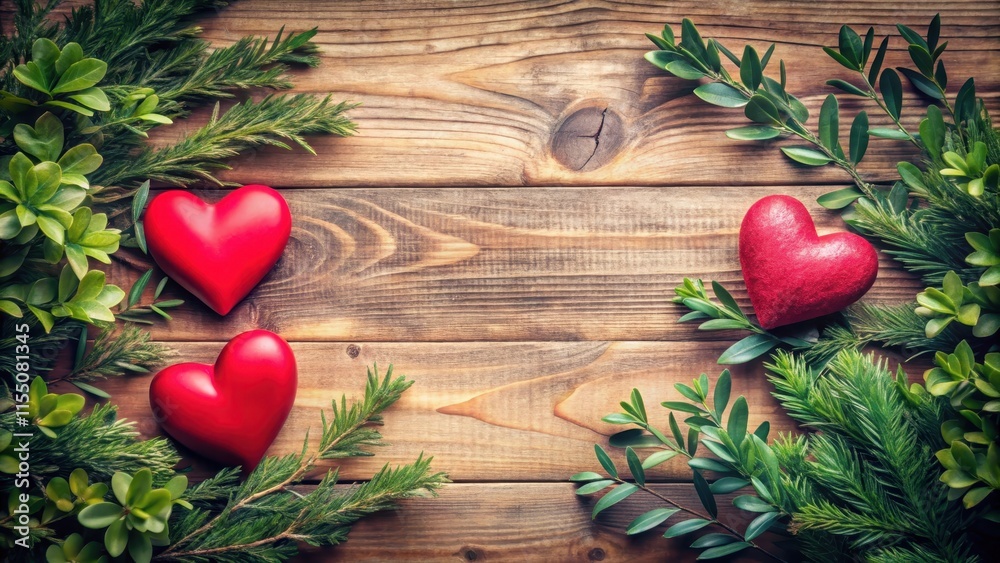 Romantic wooden background with two red hearts surrounded by lush greenery and soft pink hues, evoking a sense of love and warmth on Valentine's Day , valentines day, love Romantic wooden background with two red hearts surrounded by lush greenery and soft pink hues, evoking a sense of love and warmth on Valentine's Day , valentines day, love