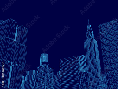 City skyline is shown in a blue color scheme. The buildings are tall and the sky is dark. Scene is one of mystery and intrigue