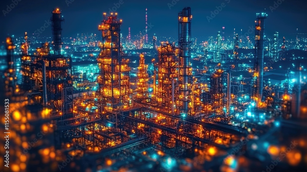 Fototapeta premium A vibrant industrial landscape illuminated at night, showcasing towering structures and machinery.