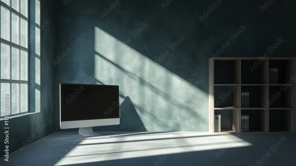 Sunlit modern office interior with computer and shelving. Sunlit modern office interior with computer and shelving.