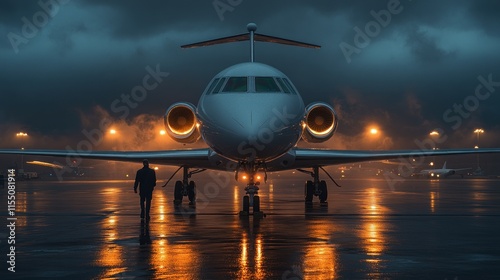 A person approaches a sleek jet at an airport during a moody, rainy evening.