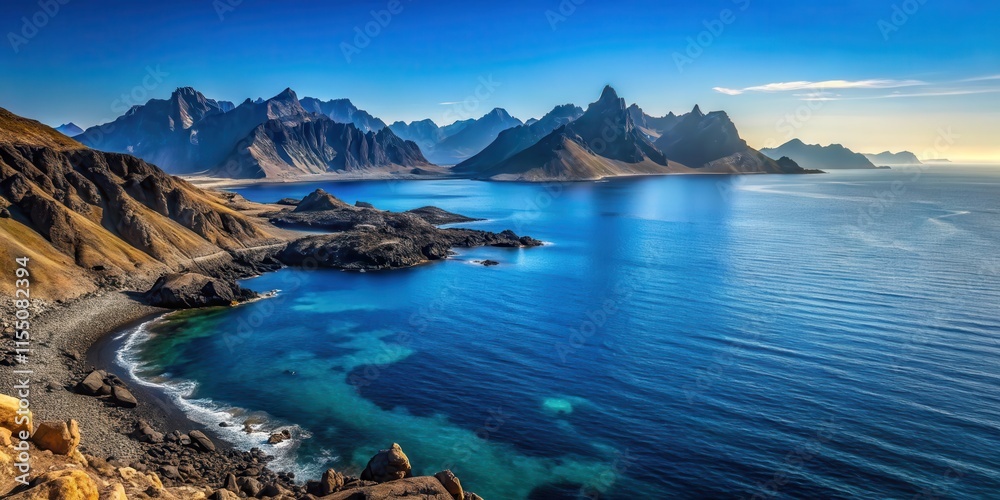 Fototapeta premium Deep blue oceans surround a barren landscape of dark grey mountains and rocks