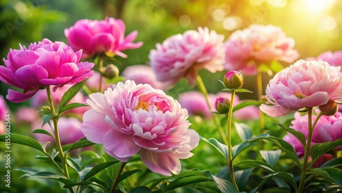 delicate pink peony flowers blooming in a lush green garden on a warm sunny day, colorful petals, beautiful flowers