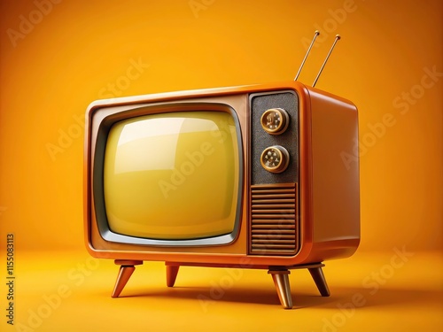 Retro 3D Orange TV, Vintage Television, Yellow Background, Social Media Filter, 3D Render, Old TV Receiver,  Candid Photo photo