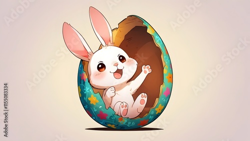 A bunny popping out of a decorated Easter egg as a surprise, holiday promo poster Easter sale banner background, vibrant colors, romantic love and harmony photo