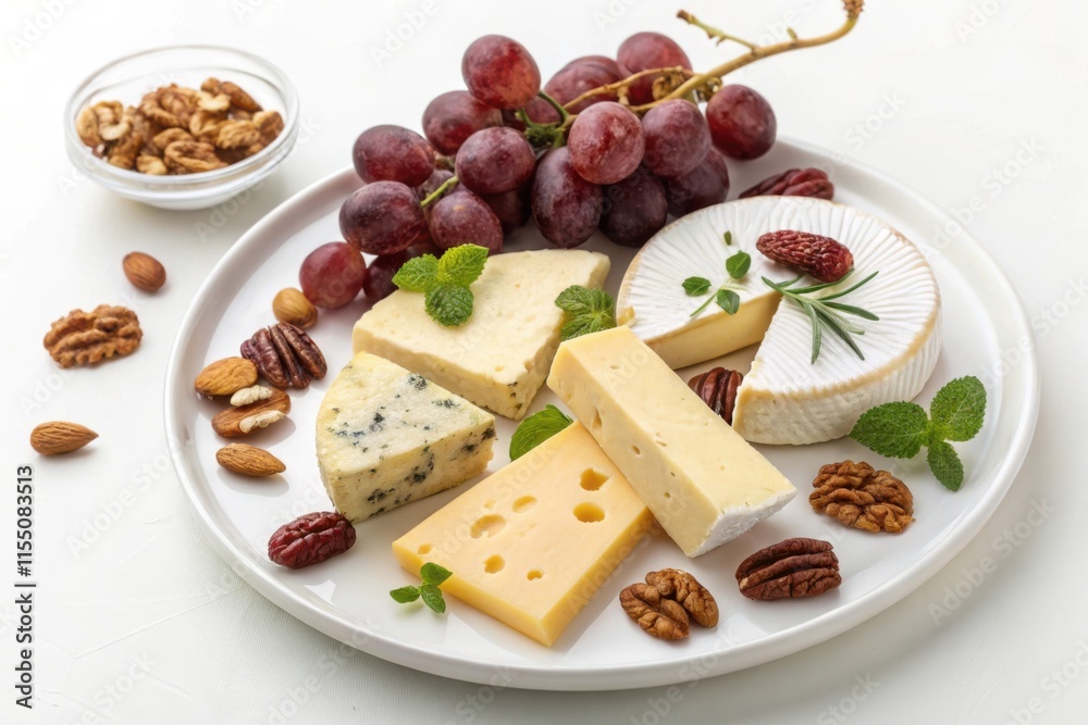 Assorted cheeses with nuts and grapes arranged on a flat plate for a gourmet snack