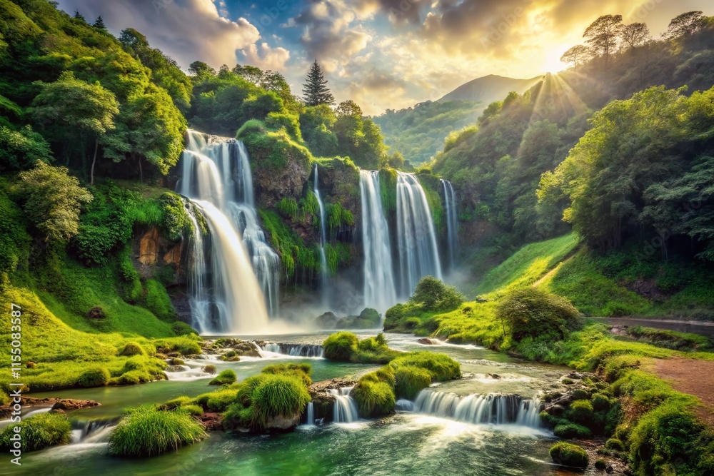Fototapeta premium Ancient cascade plunges through verdant valley. A timeless scene.