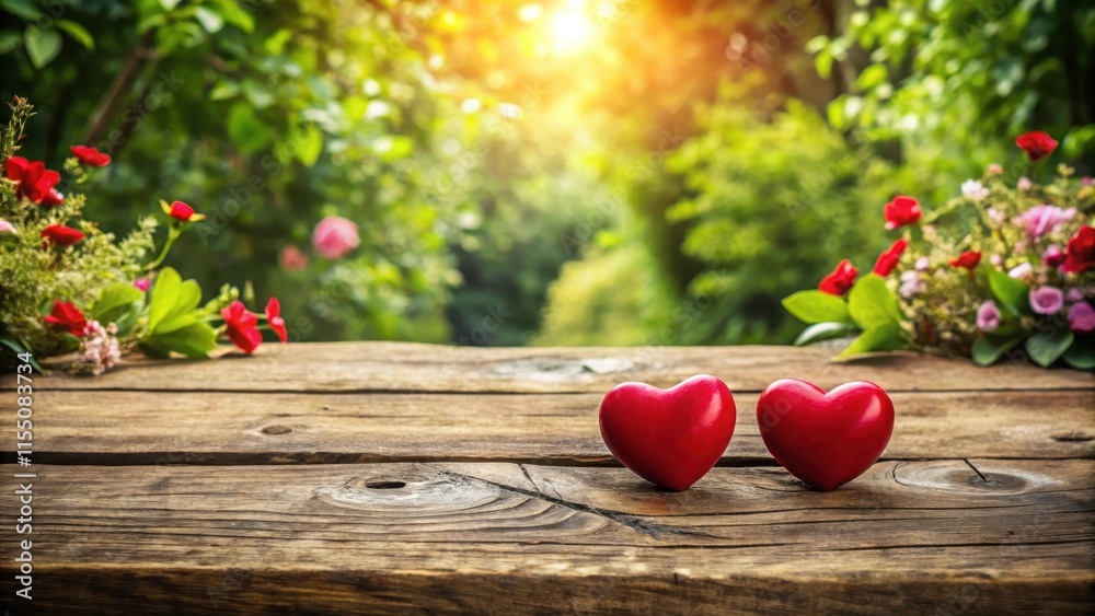 Old wooden table with two red hearts placed side by side, surrounded by lush greenery and flowers on a rustic background