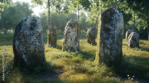 Ancient stone monoliths in a grassy field surrounded by soft sunlight photo