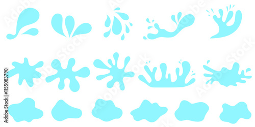 Water or oil drops. Vector icon set of nature splashes isolated on white background. Dripping liquid. Water spill. Aqua drop element. Raindrop and sweat drops.