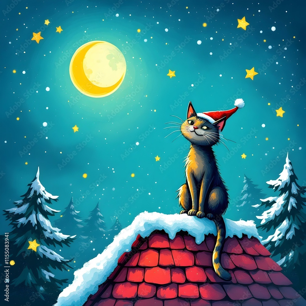 Fototapeta premium Cute Christmas Cat on Snowy Roof at Night with Moon Stars