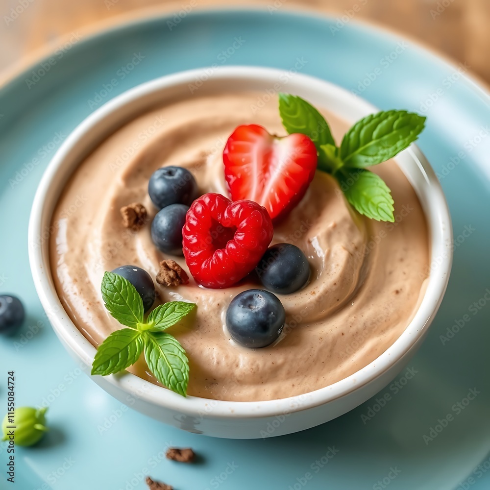 Vegan chocolate mousse with mint, bar of chocolate and cocoa beans Vegan chocolate mousse with mint, bar of chocolate and cocoa beans