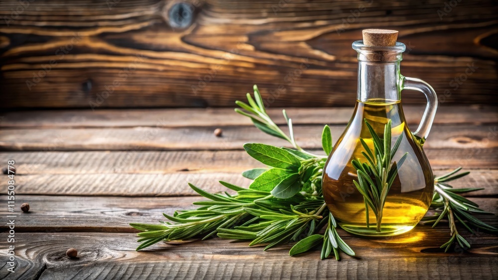 A bottle of olive oil and vinegar with rosemary and sage herbs placed on a rustic wooden table , oliv oil A bottle of olive oil and vinegar with rosemary and sage herbs placed on a rustic wooden table , oliv oil
