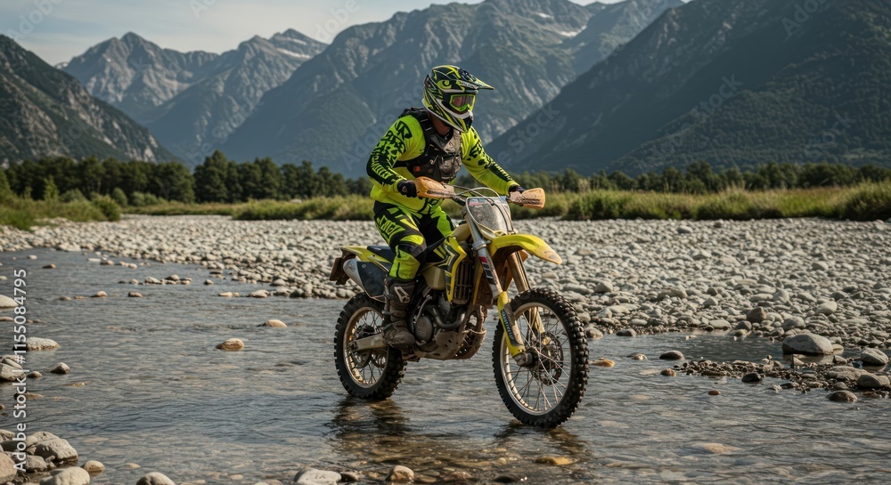 Obraz premium Motocross Rider Crossing Shallow Mountain River