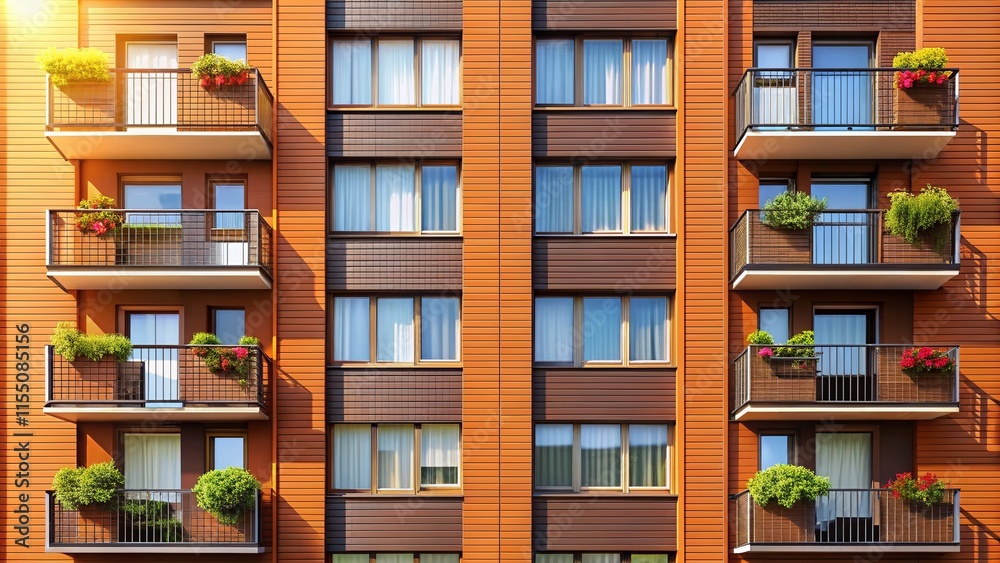 Brown Facade High-Rise Apartment Building with Windows and Air Conditioners