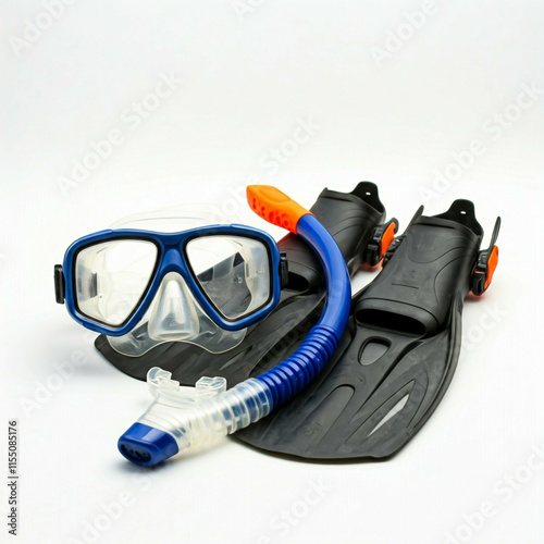 blue and orange diving mask and fins on white background photo