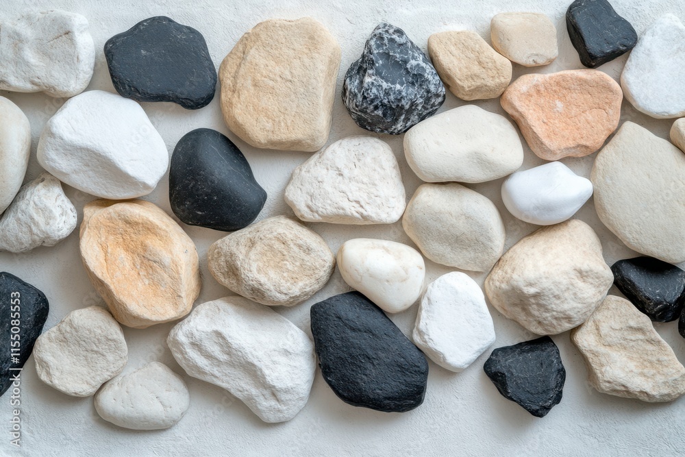 Natural stones arranged on a light surface showcasing various textures and colors for decoration or design purposes Natural stones arranged on a light surface showcasing various textures and colors for decoration or design purposes