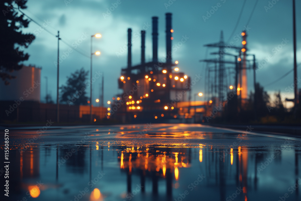 Fototapeta premium A futuristic factory powered by AI with digital power lines emitting carbon, symbolizing the environmental cost of AI's growing energy consumption.