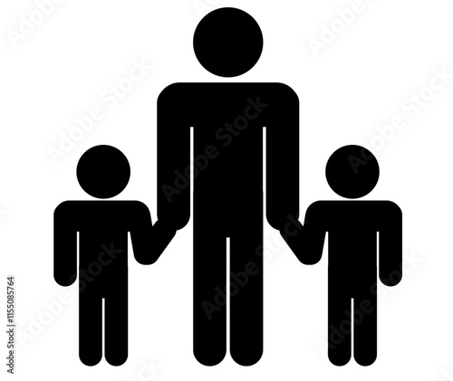 手をつなぐ親子のシンプルなアイコン（親1人,子供2人）