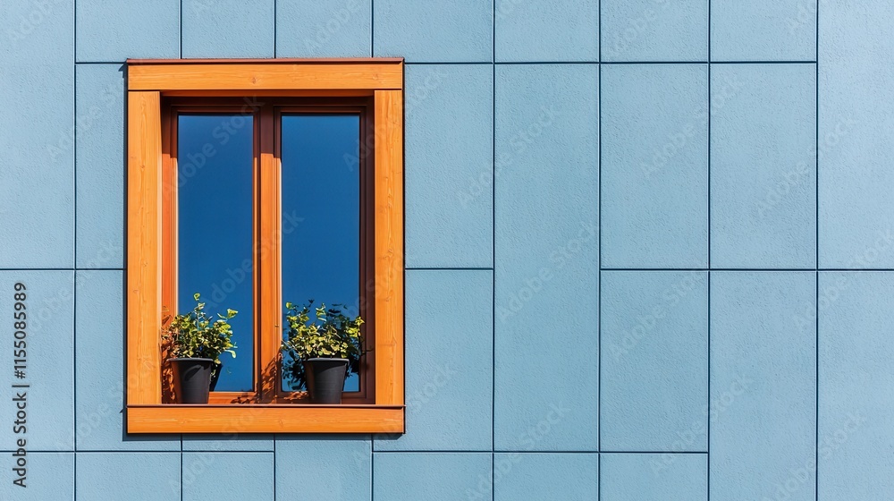 Obraz premium Minimalist Orange Framed Window on Contemporary Blue Glass Facade Building