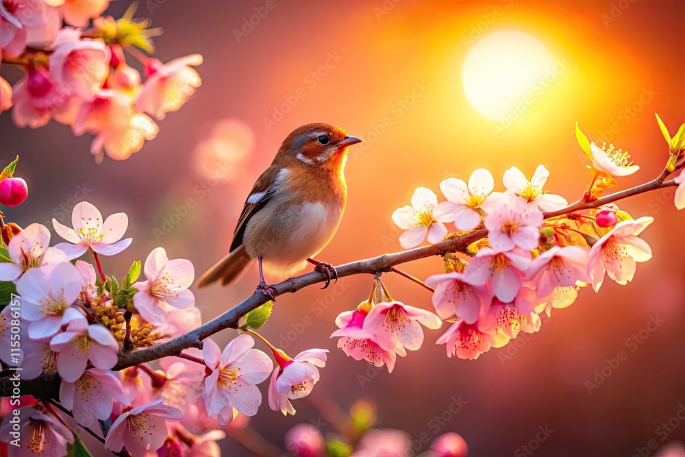 Sunrise Bird Photography: Serene Flower Branch Wildlife Image