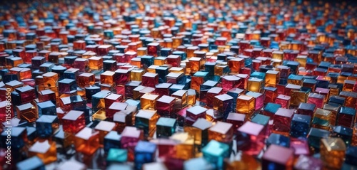 Abstract background of colorful glass cubes scattered on a flat surface, reflective neon purple blue orange glass cubes background copy space, modern decor, decorative objects