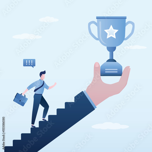 Ambitious businessman climbing on stairs to reach trophy cup in giant hand. Motivation to achieve goal, win to motivate employee to succeed in work, effort to reach target concept.