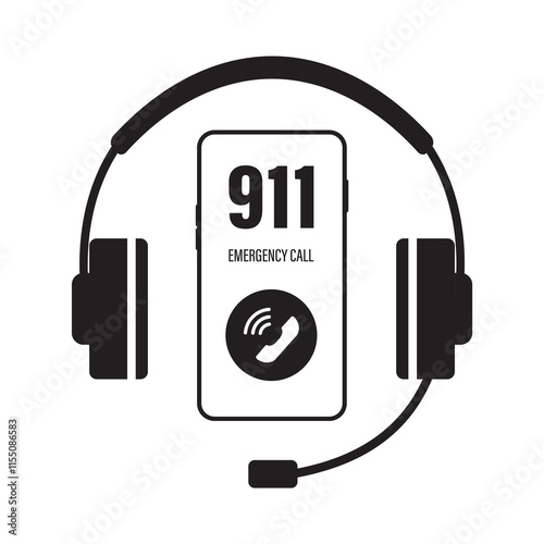 Black silhouettes of headset and mobile phone. 911 emergency call. Support 24/7, concept banner or icon. Customer service. Emergency call center application.