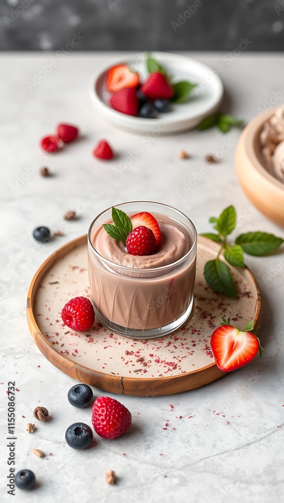 Vegan chocolate mousse with mint, bar of chocolate and cocoa beans Vegan chocolate mousse with mint, bar of chocolate and cocoa beans