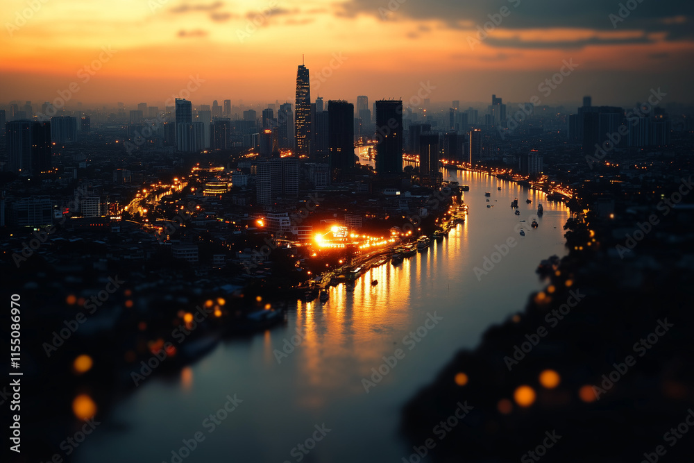Fototapeta premium A glowing AI network surrounding a city, symbolizing the control AI holds over modern society as human oversight diminishes.