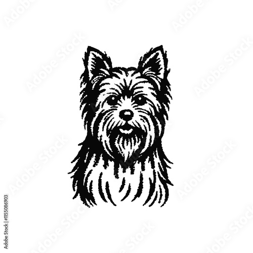 Vector illustration of Yorkshire terrier on white background. The black and white simple art of a cute dog.