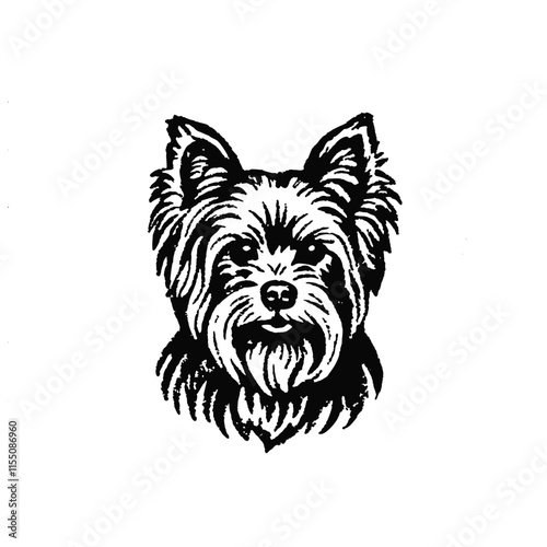 Vector illustration of Yorkshire terrier on white background. The black and white simple art of a cute dog.