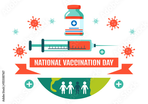 National Vaccination Day Illustration Celebrated on March 16, Featuring a Vaccine Syringe to Promote Strong Immunity and Health Care in a Background