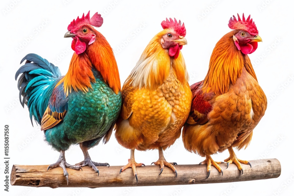 Fototapeta premium Crazy Chickens on a Perch - Vibrant Farm Scene