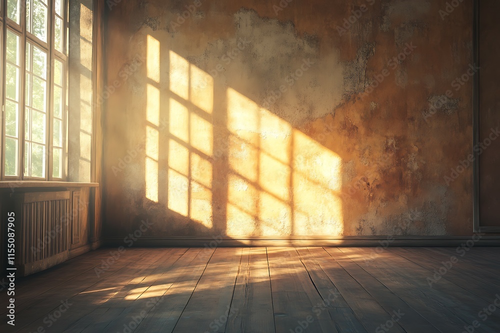 Empty room with brick walls wooden floor and windows Empty room with brick walls wooden floor and windows