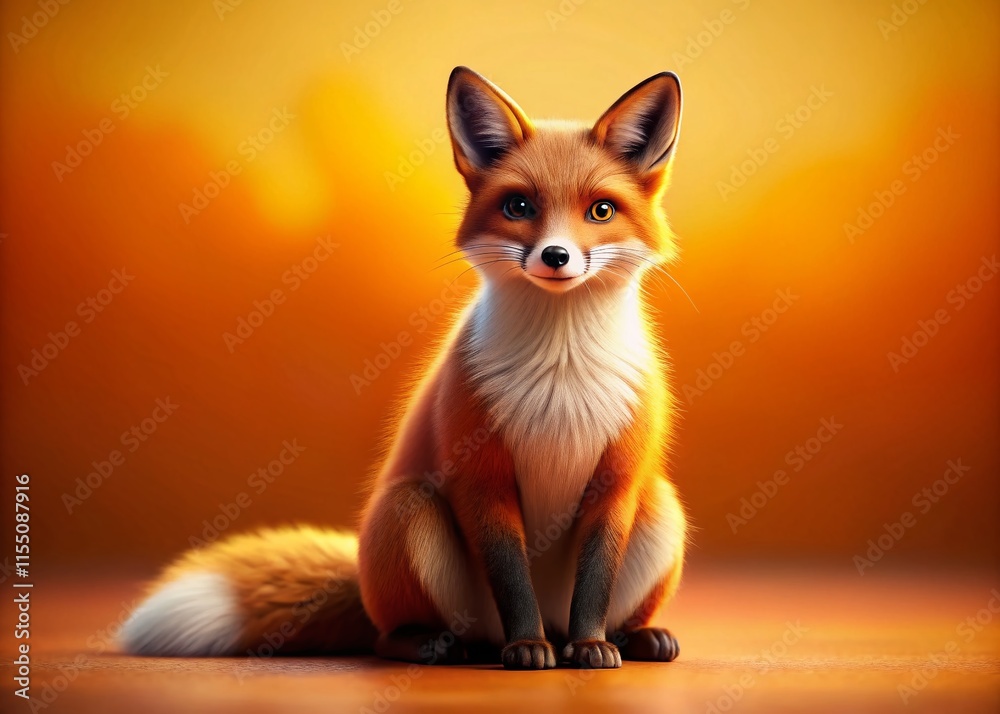 Obraz premium Cute fox, tilt-shift effect, orange backdrop, 3D art.