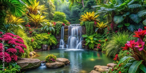Lush tropical garden with vibrant flowers, exotic plants, and small waterfall, tropical, garden, lush, vibrant, flowers
