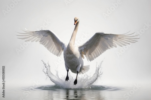 Majestic white swan taking flight from water, wings spread wide, creating a splash.