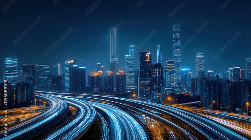 A city skyline at night with light trails on the highway A city skyline at night with light trails on the highway