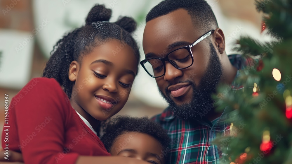 A heartwarming depiction of a diverse family cherishing a festive moment as they decorate their Christmas tree together. A heartwarming depiction of a diverse family cherishing a festive moment as they decorate their Christmas tree together.