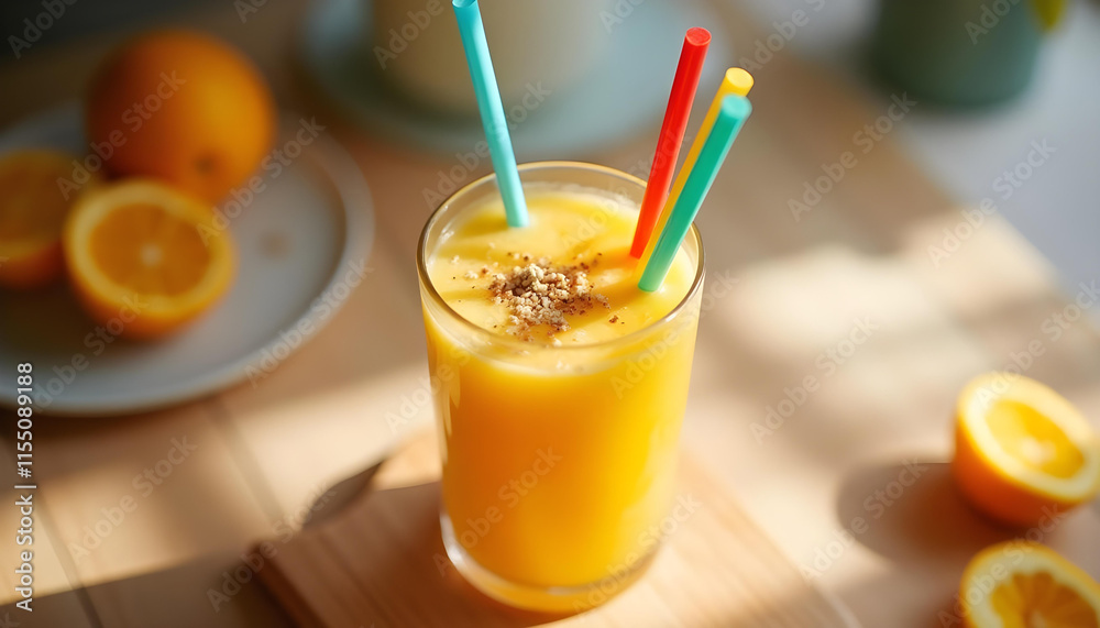 Glass of fresh orange and strawberry smoothie with colorful straws and sliced oranges in sunlight Glass of fresh orange and strawberry smoothie with colorful straws and sliced oranges in sunlight