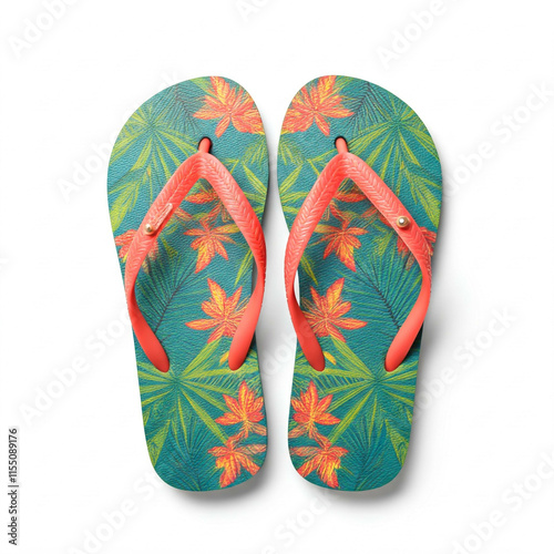 tropical floral flip flops summer vacation white background isolated  beach  sandals holiday design  green orange yellow  flip-flops  summer footwear  beachwear  summer sandals  se