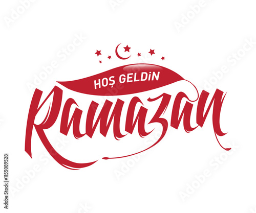 A typographic design with 'Hoş Geldin Ramazan' text. Adorned with crescent and star details in red tones, this modern artwork elegantly reflects the spiritual atmosphere of the Ramadan month