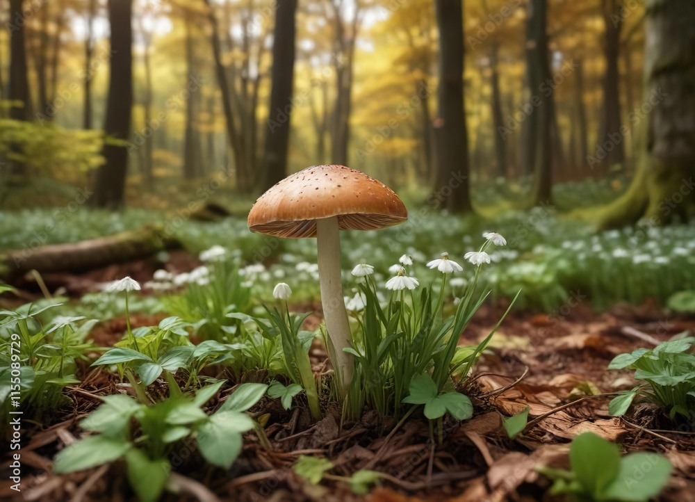 Brown capped mushroom growing among a patch of wild garlic on the forest floor amidst autumnal foliage, autumn leaves, wild garlic Brown capped mushroom growing among a patch of wild garlic on the forest floor amidst autumnal foliage, autumn leaves, wild garlic