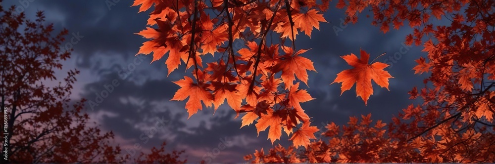 Burnt orange and crimson hues of maple leaves against a dark sky at sunset, maple leaves, fall foliage Burnt orange and crimson hues of maple leaves against a dark sky at sunset, maple leaves, fall foliage